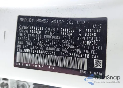 2017 Honda Accord Hybrid Ex-L from USA, damaged, VIN JHMCR6F54HC027798